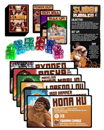 Sumo Rumble board game set with sumo wrestler skill cards dice game rules and objective card
