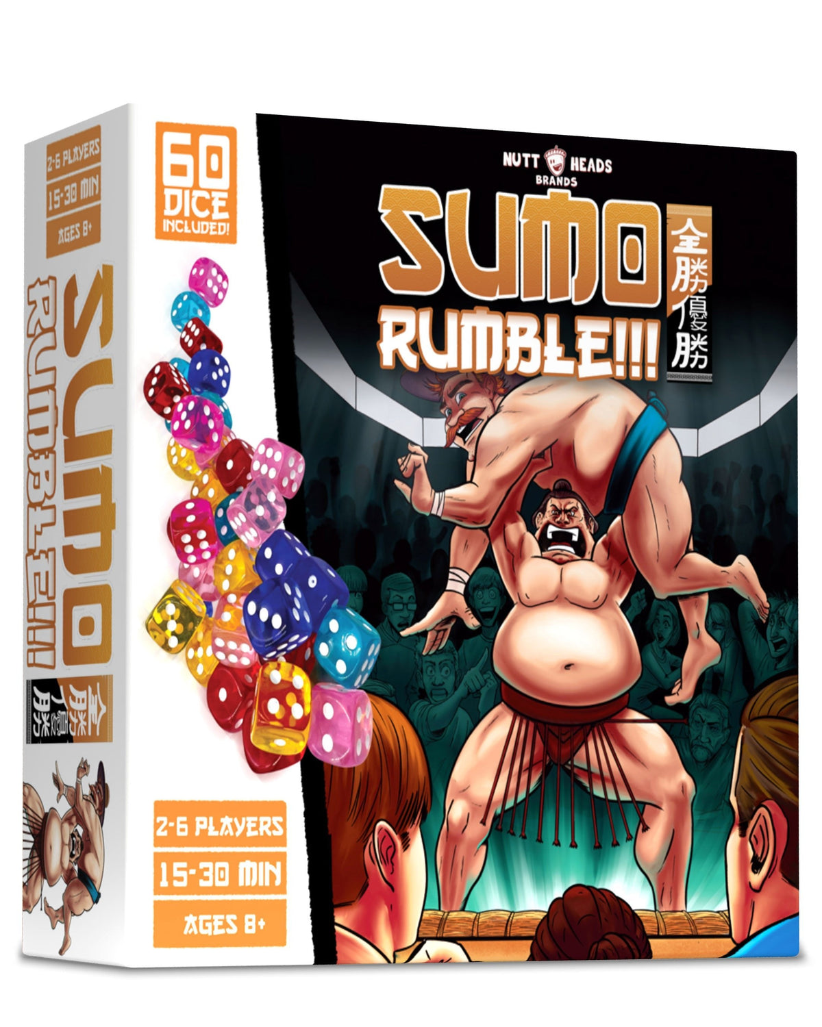 Sumo Rumble dice game box featuring two sumo wrestlers in a match colorful dice and game details