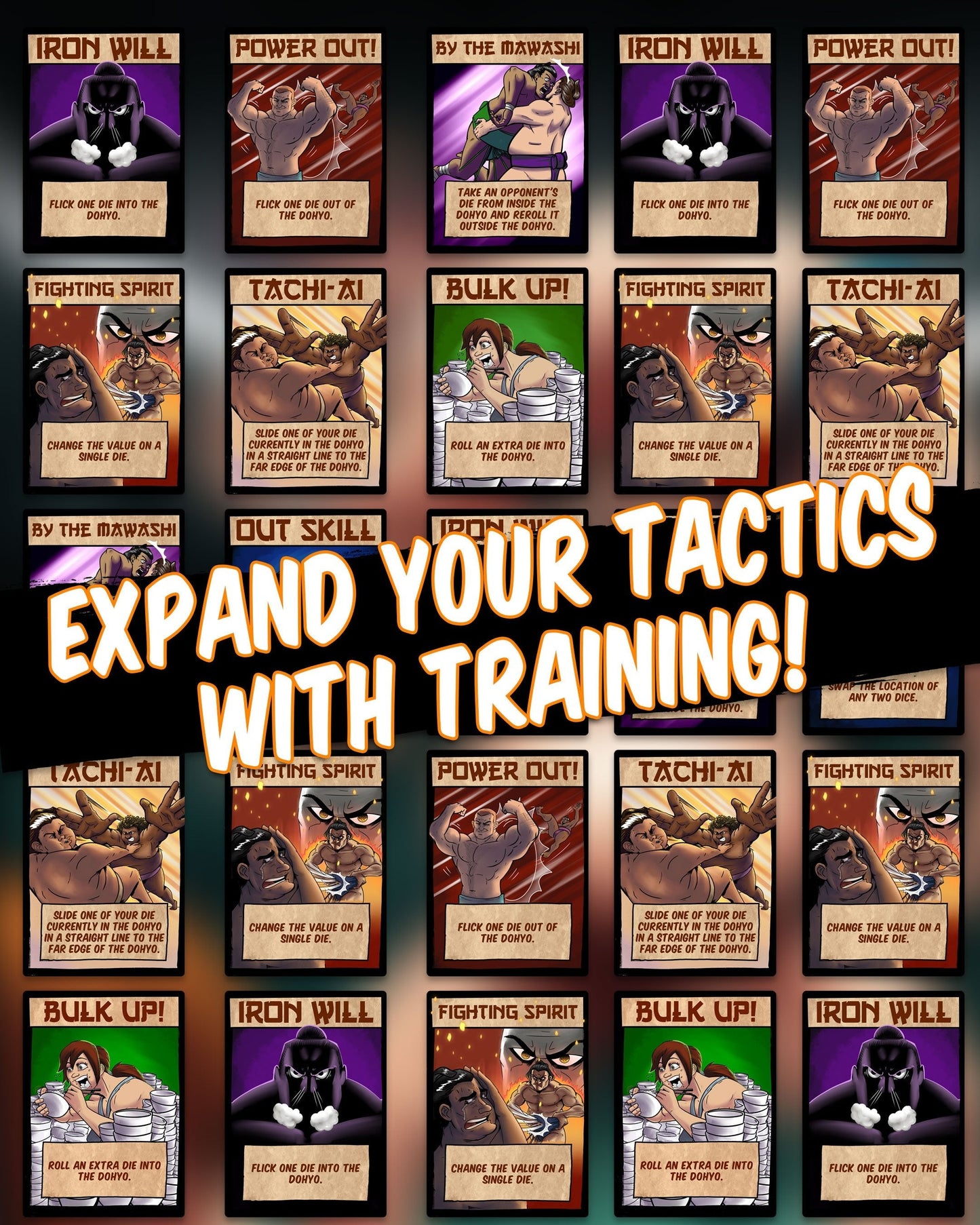 Collection of character cards for a game depicting sumo wrestlers and trainers with various abilities