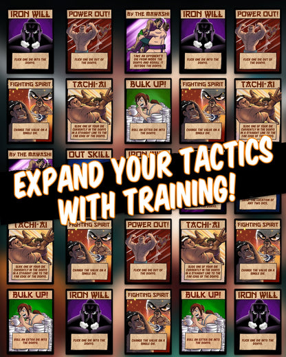 Collection of character cards for a game depicting sumo wrestlers and trainers with various abilities