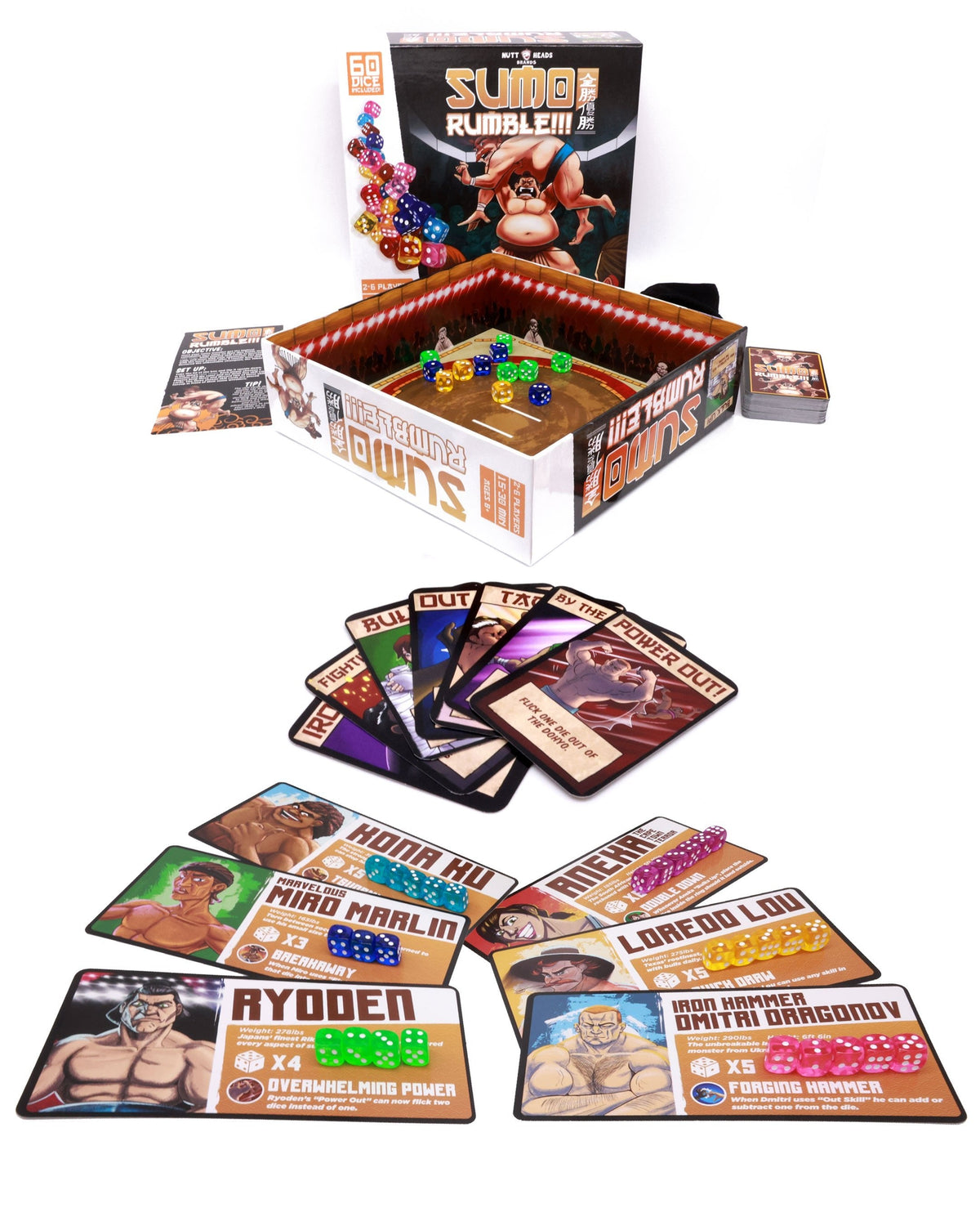 Sumo Rumble dice game box with rulebook cards and dice displayed showing colorful characters and game components