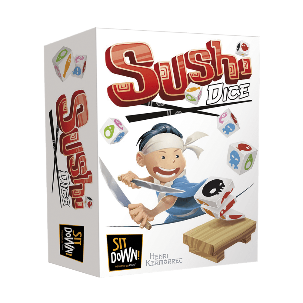 Sushi Dice game box with vibrant artwork featuring sushi, dice, and colorful cartoon chefs