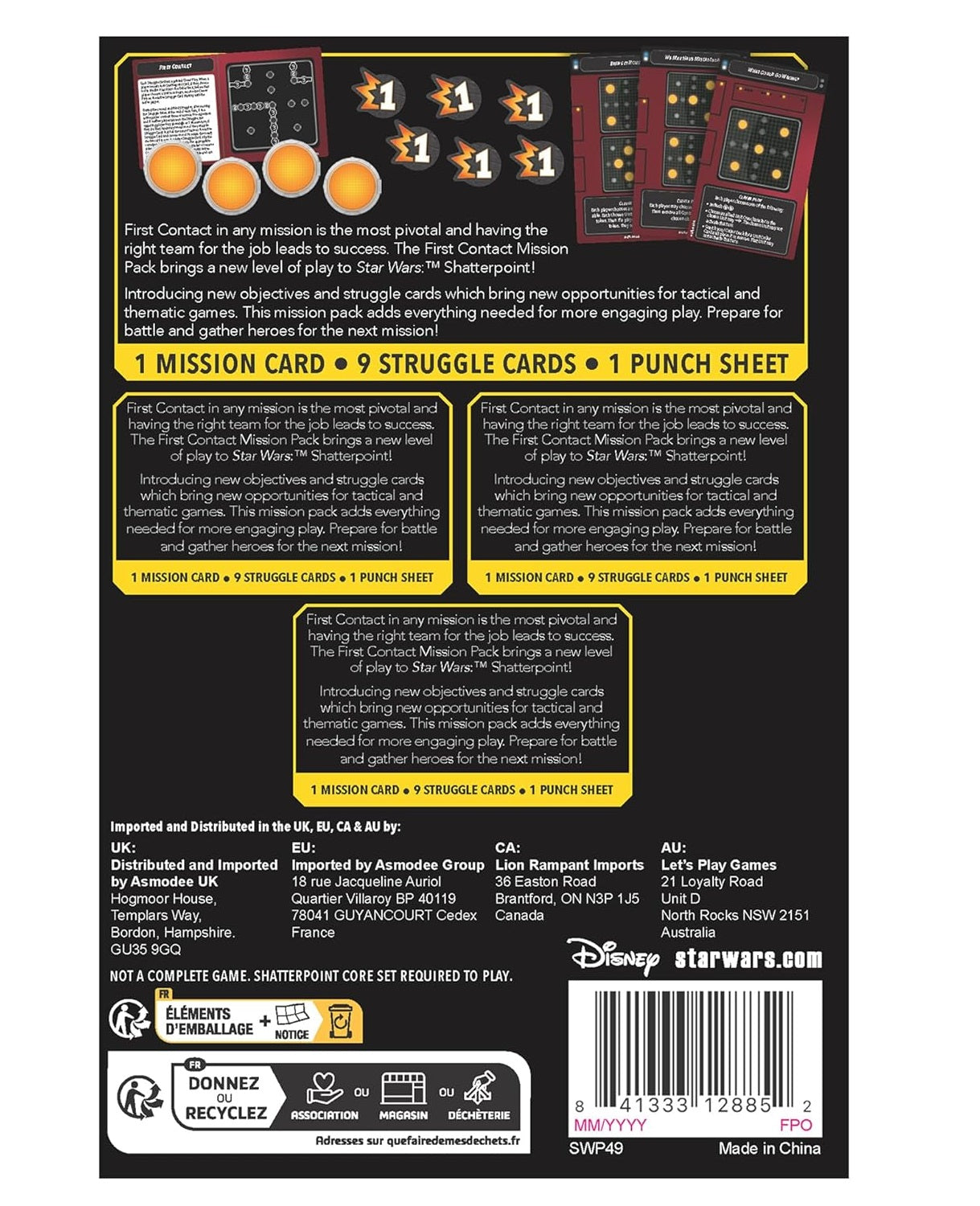 Star Wars Shatterpoint First Contact Mission Pack box back, displaying cards, objective tokens, and contents list