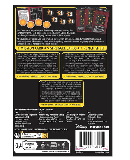 Star Wars Shatterpoint First Contact Mission Pack box back, displaying cards, objective tokens, and contents list