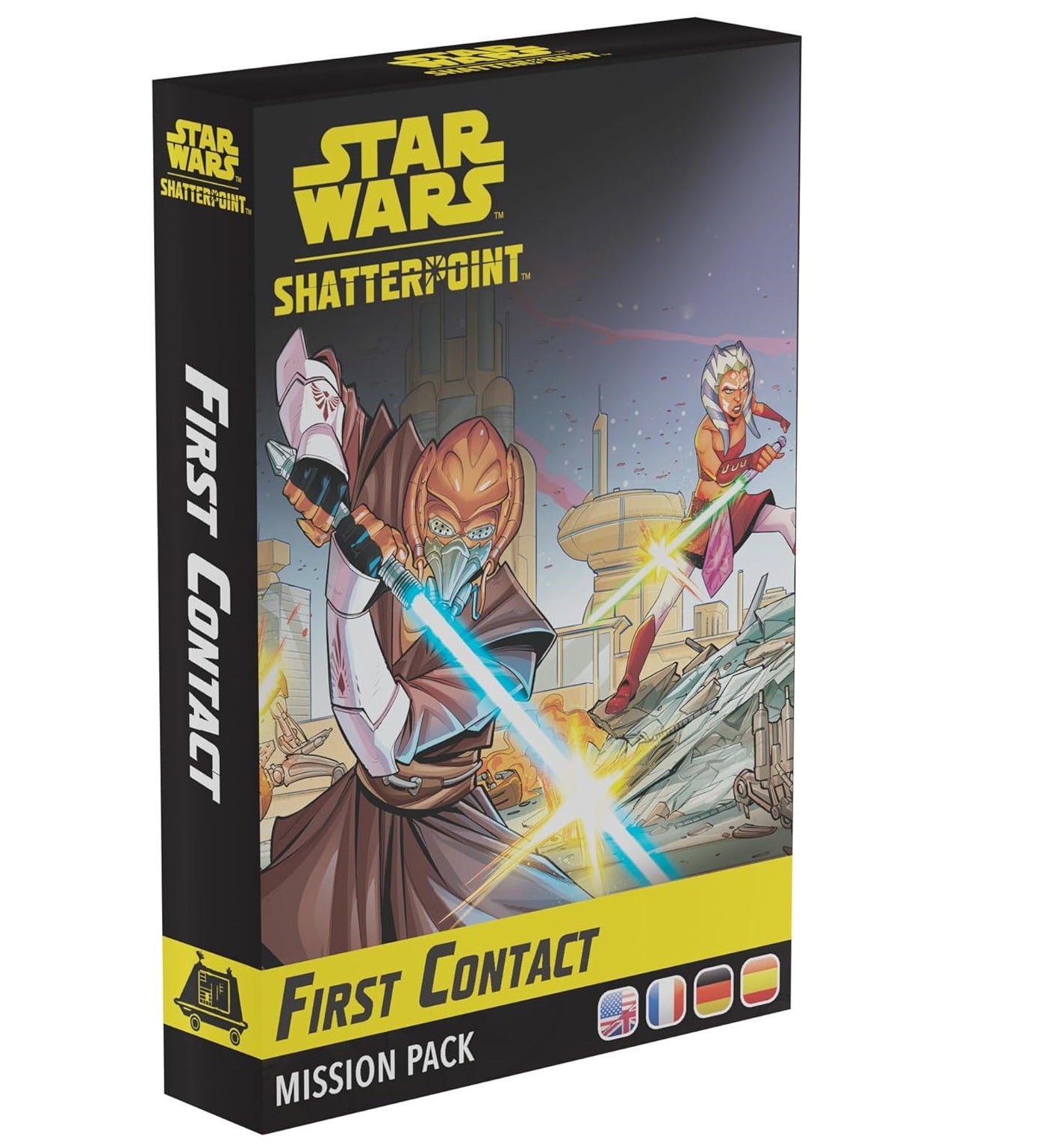 Star Wars Shatterpoint: First Contact Mission Pack box featuring a Jedi and Ahsoka Tano battling with lightsabers