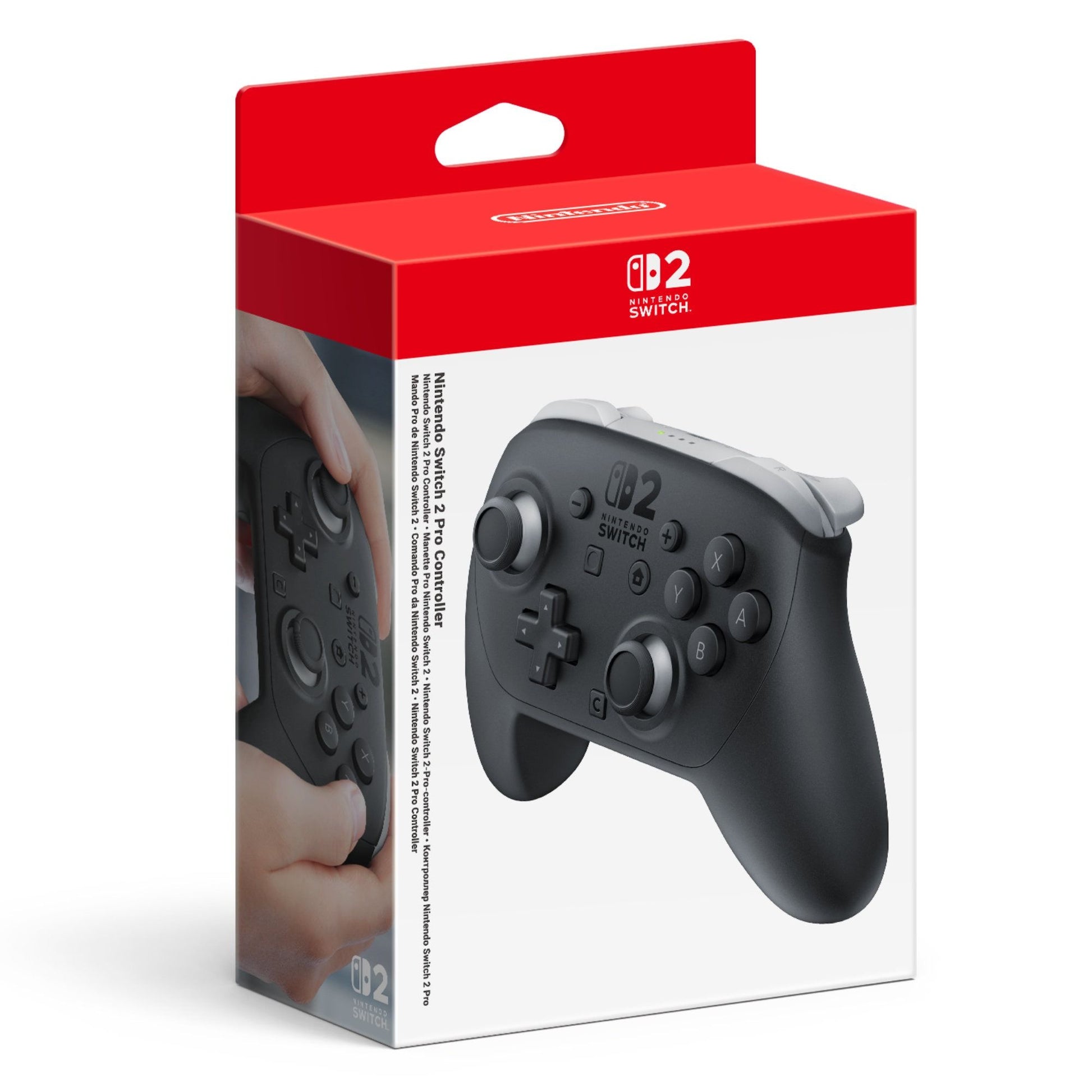 Red and white retail box for the dark grey Nintendo Switch 2 Pro Controller