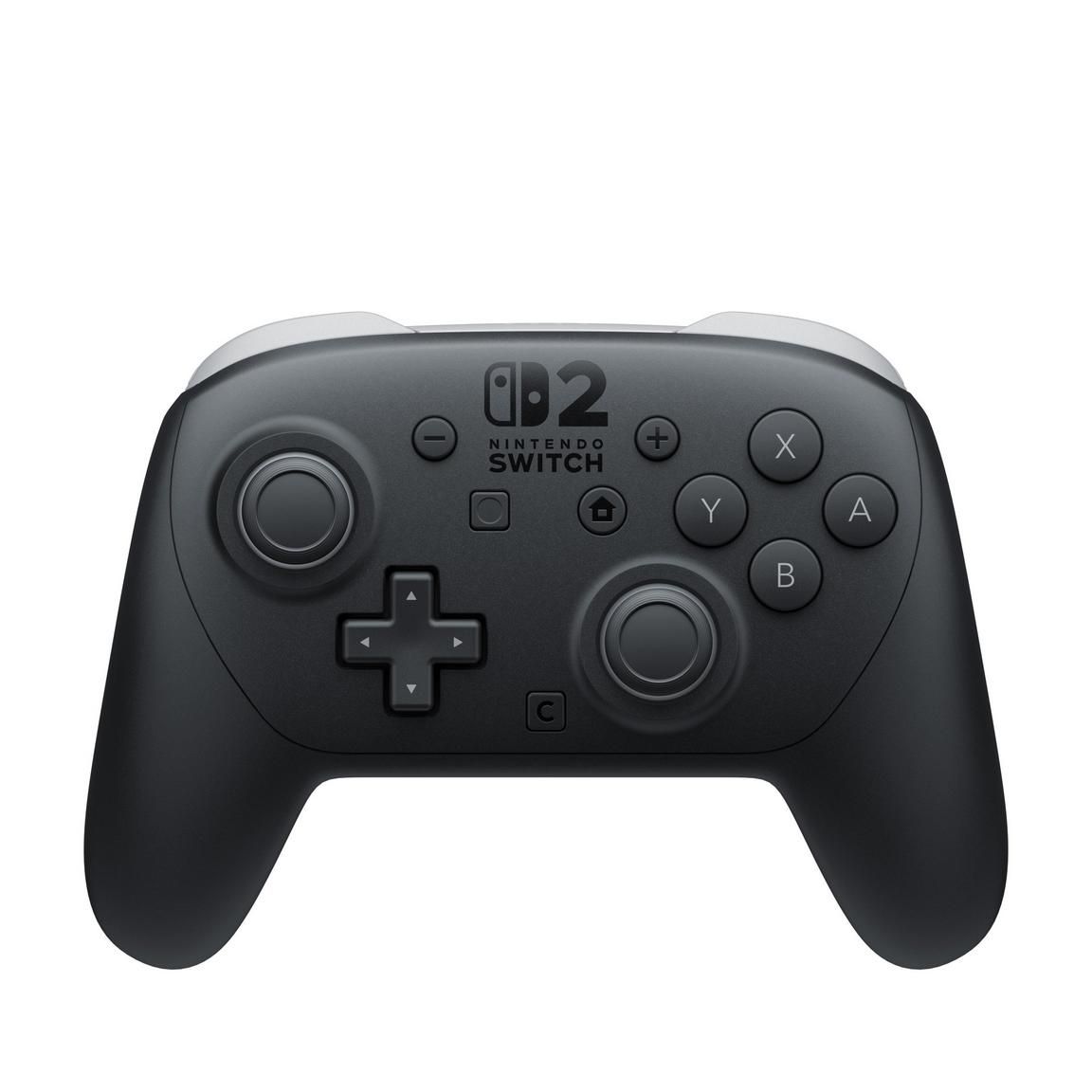 Black Nintendo Switch 2 Pro Controller. Features dual joysticks, D-pad, and face buttons on a white background