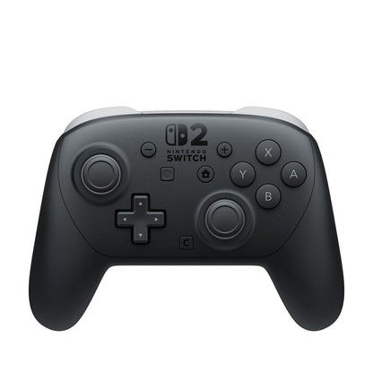 Black Nintendo Switch 2 Pro Controller. Features dual joysticks, D-pad, and face buttons on a white background