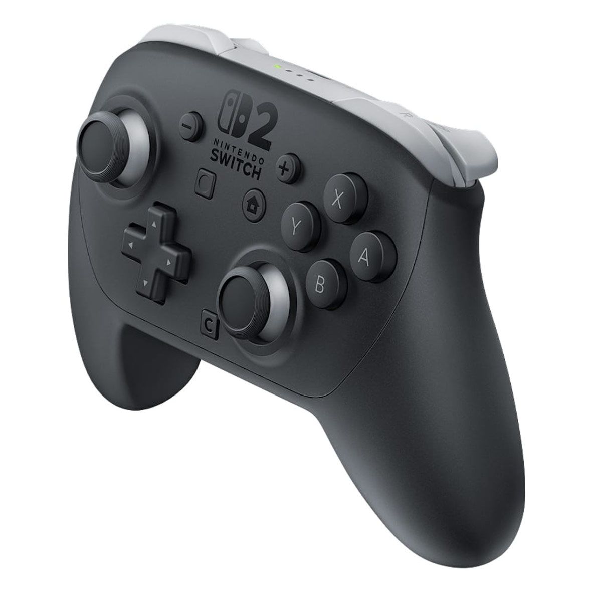 A black & grey Nintendo Switch 2 Pro controller, angled, showing '02 NINTENDO SWITCH' logo, dual sticks, & buttons