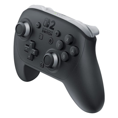 A black & grey Nintendo Switch 2 Pro controller, angled, showing '02 NINTENDO SWITCH' logo, dual sticks, & buttons