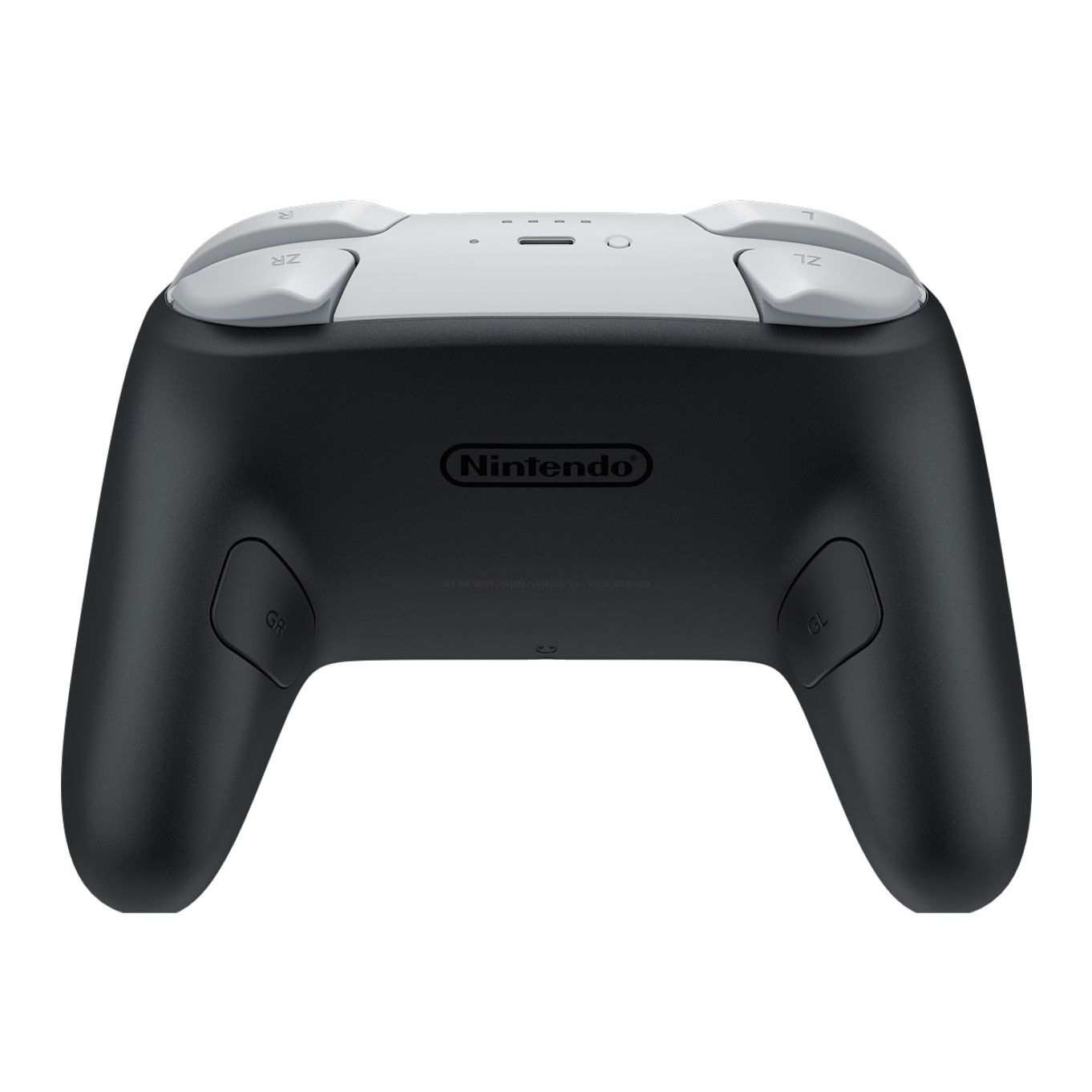 Black and white Nintendo Switch 2 Pro Controller, back view. Shows ZR, ZL, GR, and GL buttons