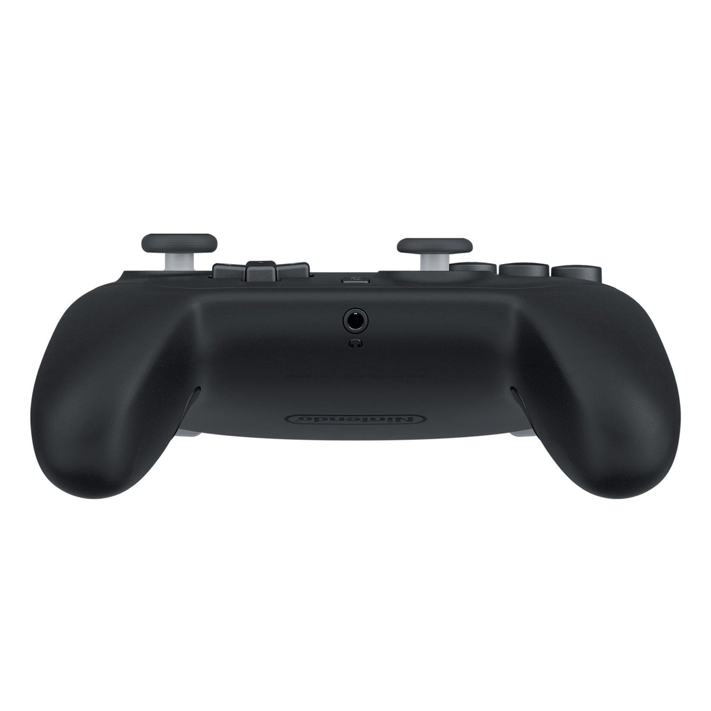 A black Nintendo Switch 2 Pro Controller, top-rear view, showing shoulder buttons, headphone jack, and USB-C port