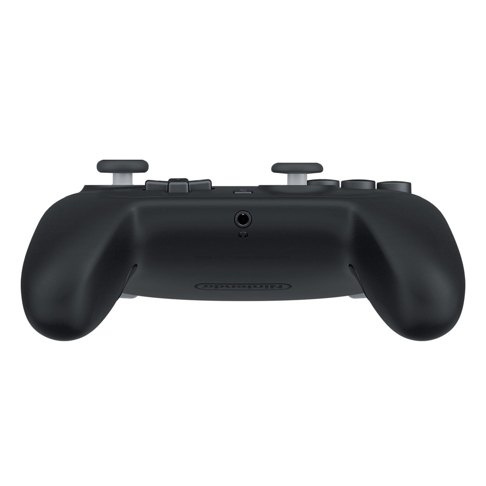 A black Nintendo Switch 2 Pro Controller, top-rear view, showing shoulder buttons, headphone jack, and USB-C port