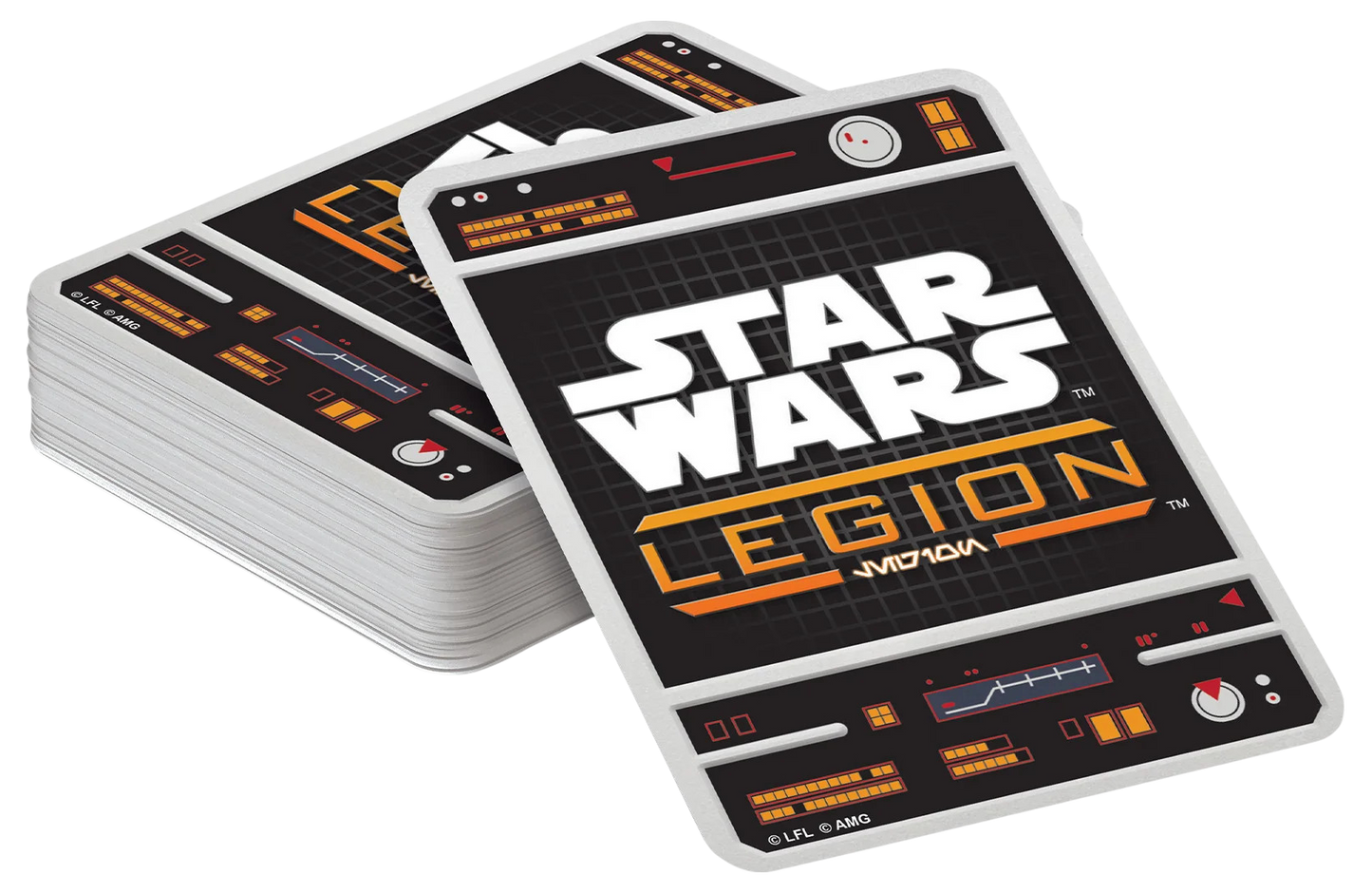 A stack of Star Wars Legion game cards, with one displaying the game logo and sci-fi console interface