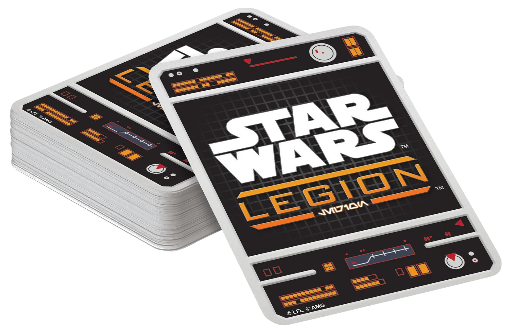 A stack of Star Wars Legion game cards, with one displaying the game logo and sci-fi console interface