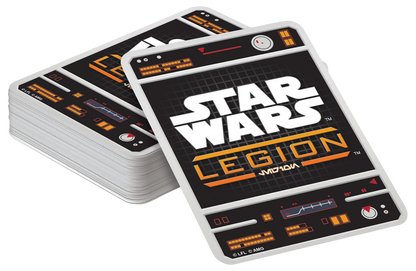 A stack of Star Wars Legion game cards, with one displaying the game logo and sci-fi console interface