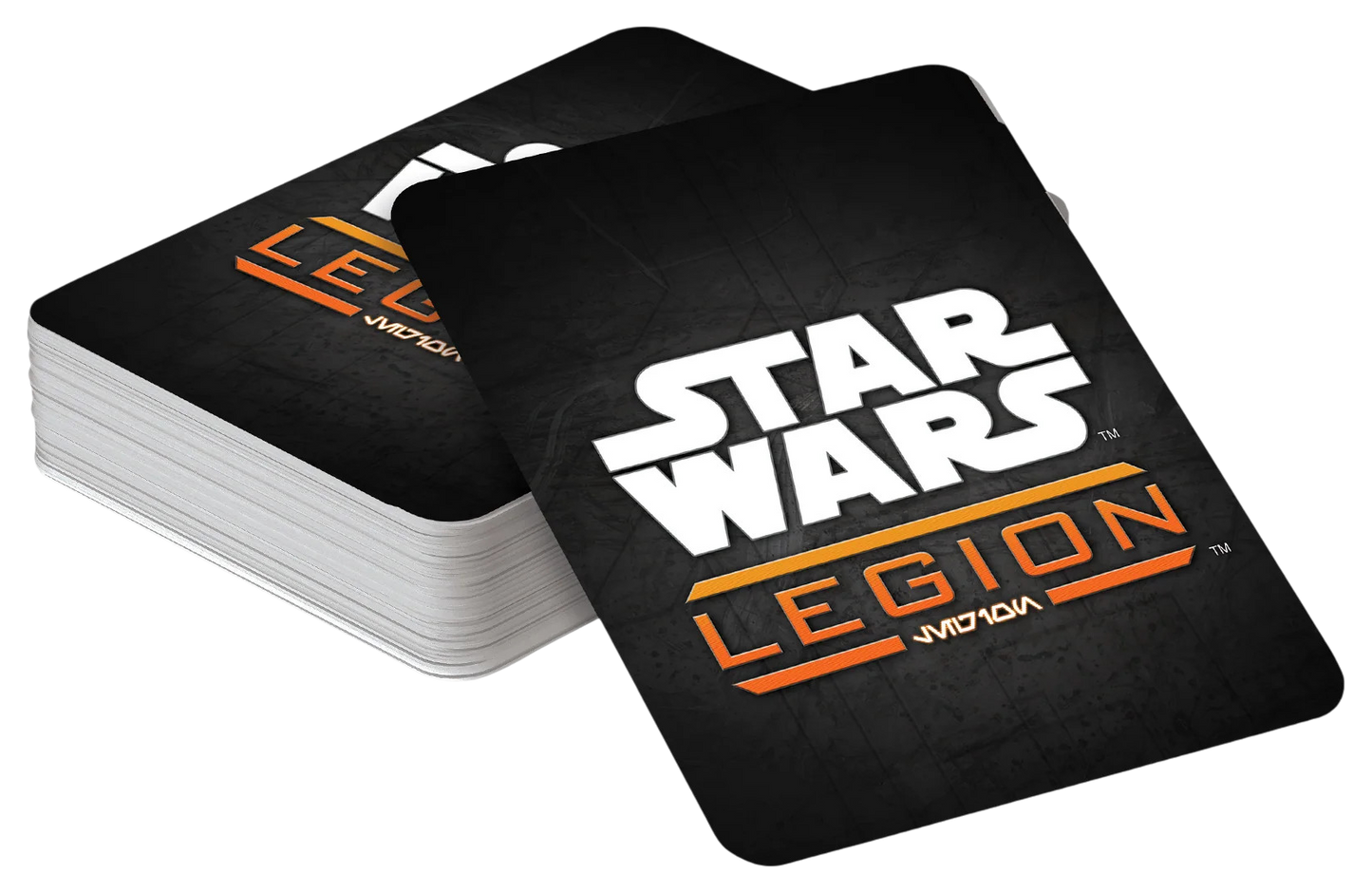 A dark "Star Wars Legion" game card with white and orange logo rests on a stack of similar cards