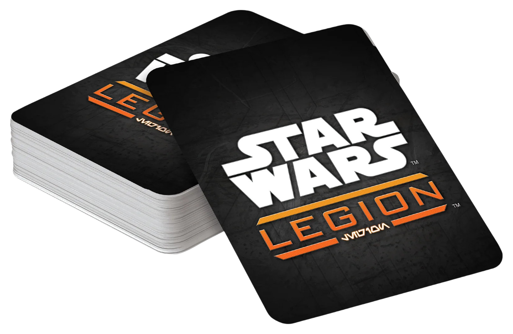 A dark "Star Wars Legion" game card with white and orange logo rests on a stack of similar cards