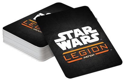 A dark "Star Wars Legion" game card with white and orange logo rests on a stack of similar cards