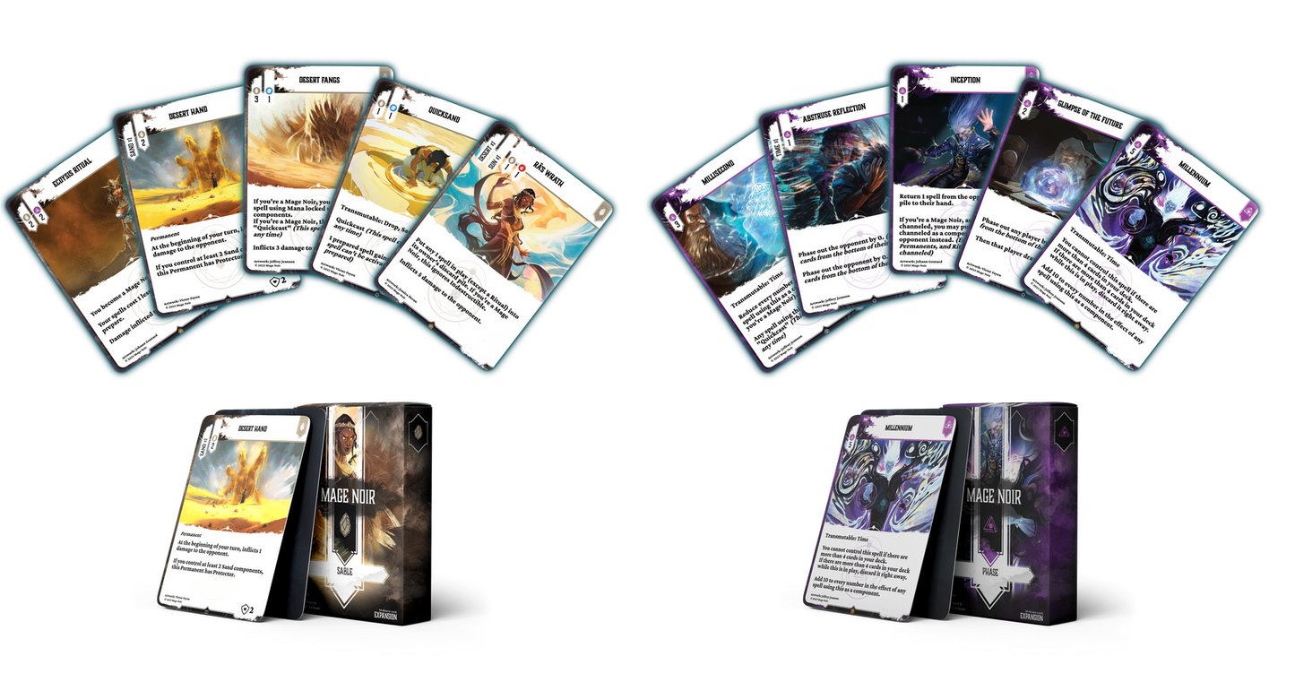 Two fantasy card game expansion boxes Sable and Phase surrounded by corresponding character ability cards laid out