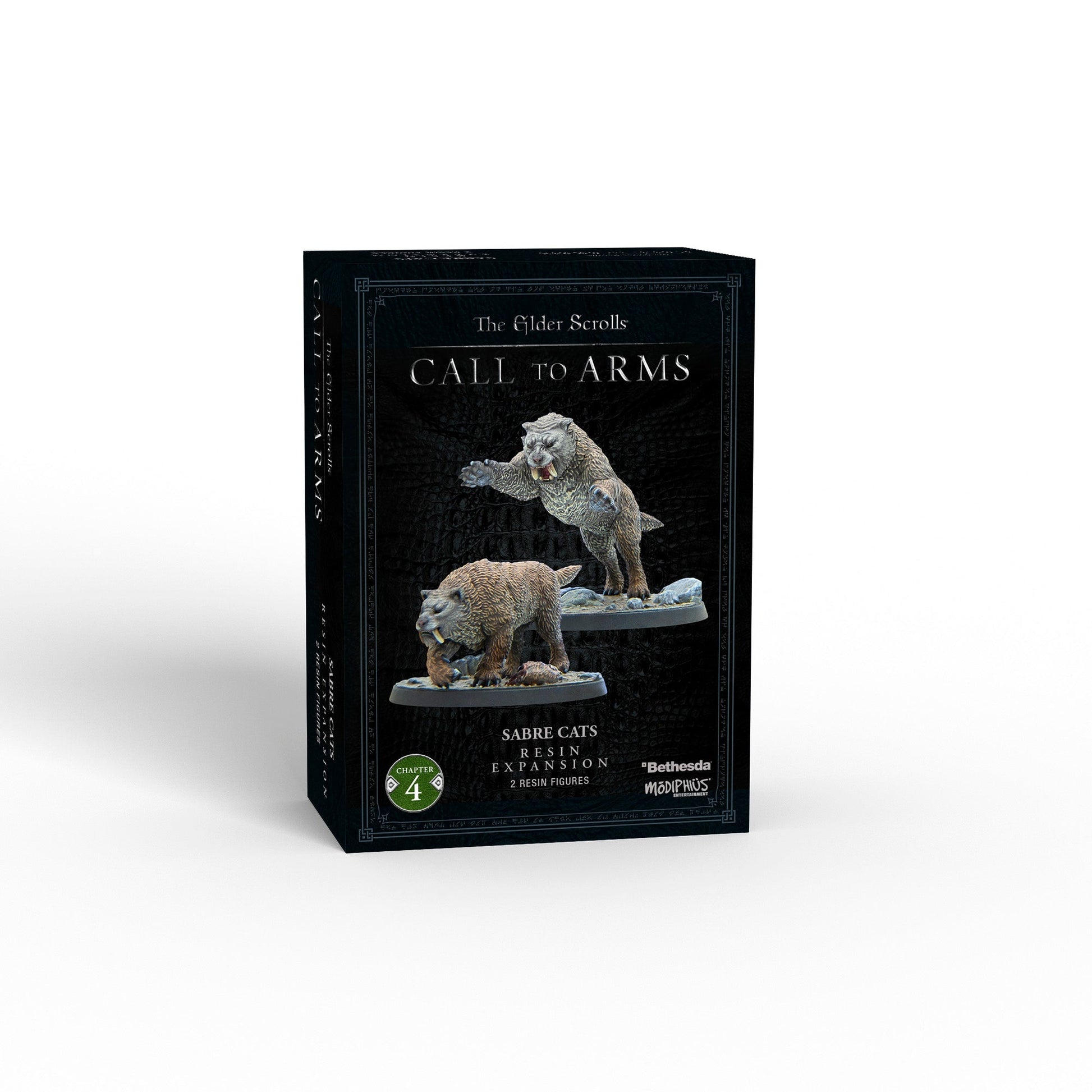 A box for The Elder Scrolls: Call to Arms Sabre Cats expansion, showing two aggressive sabre cat miniatures, one attacking, one with prey