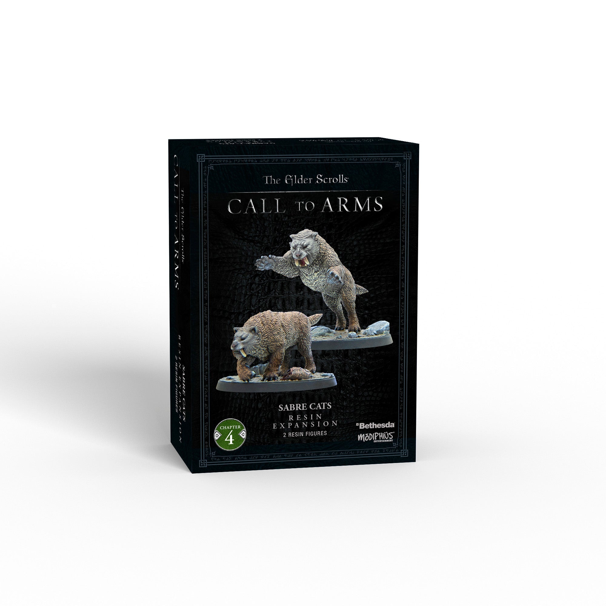 A box for The Elder Scrolls: Call to Arms Sabre Cats expansion, showing two aggressive sabre cat miniatures, one attacking, one with prey