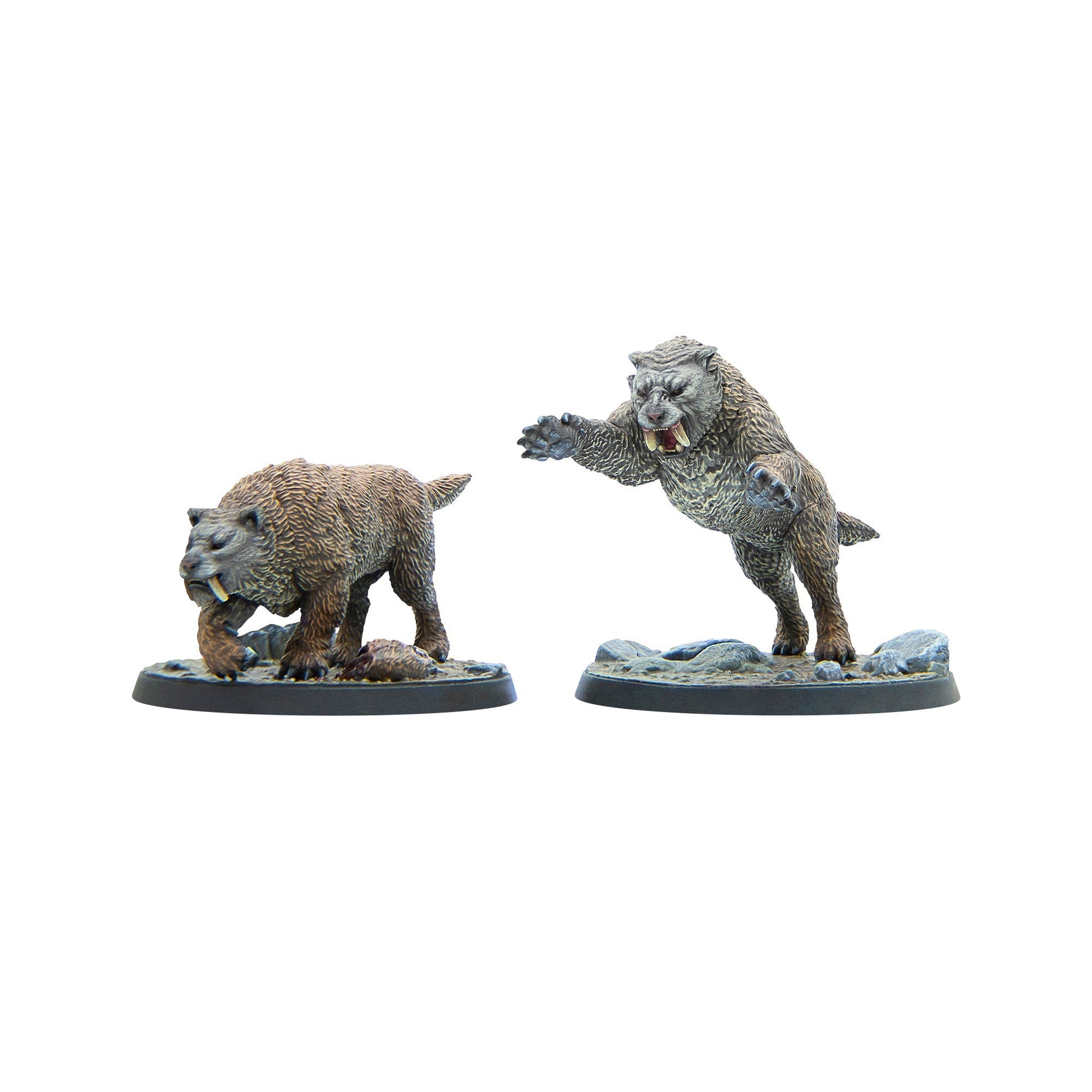 Two saber-toothed cat miniatures - one crouches, biting prey; the other stands on hind legs, roaring with raised claws