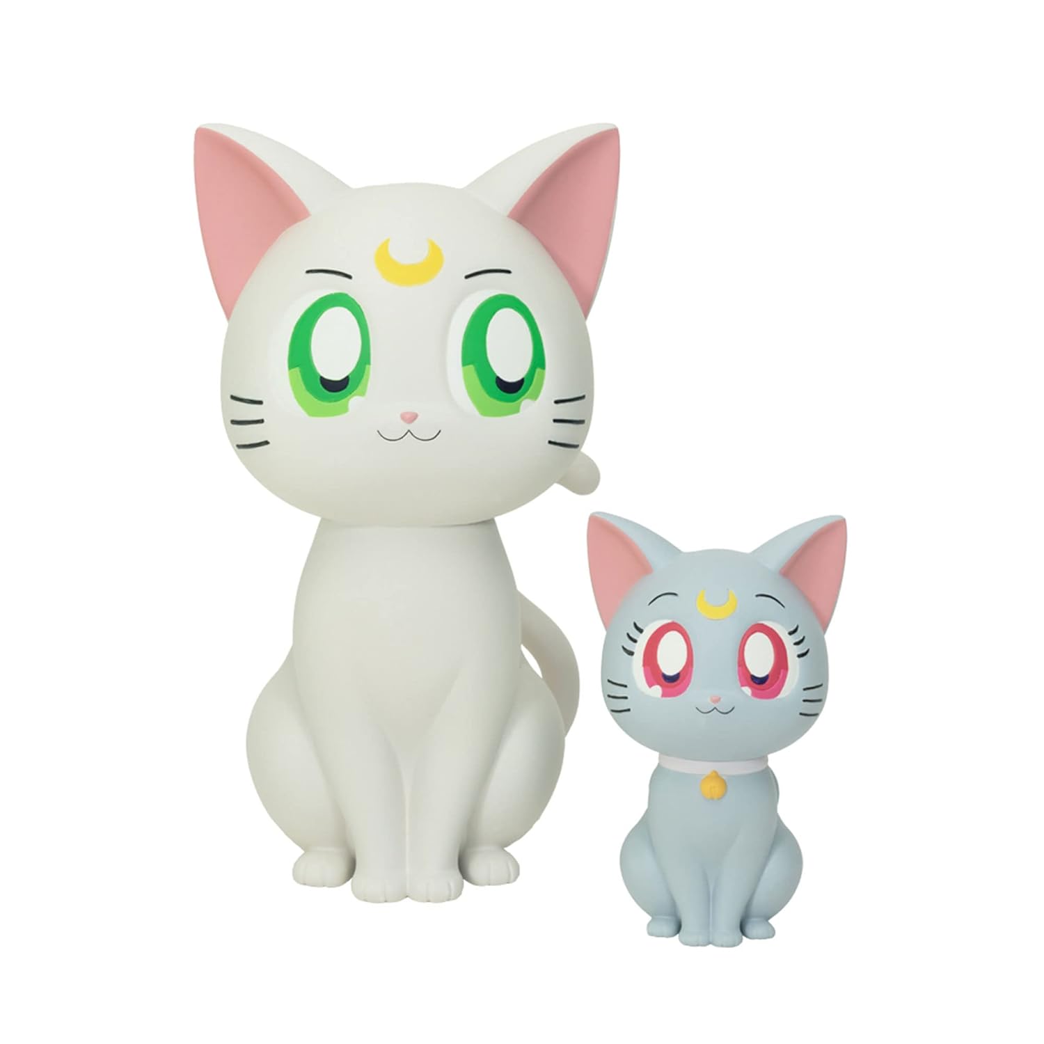 Sailor Moon cat figures: White Artemis (green eyes) and blue-gray Luna (pink eyes, collar) sitting