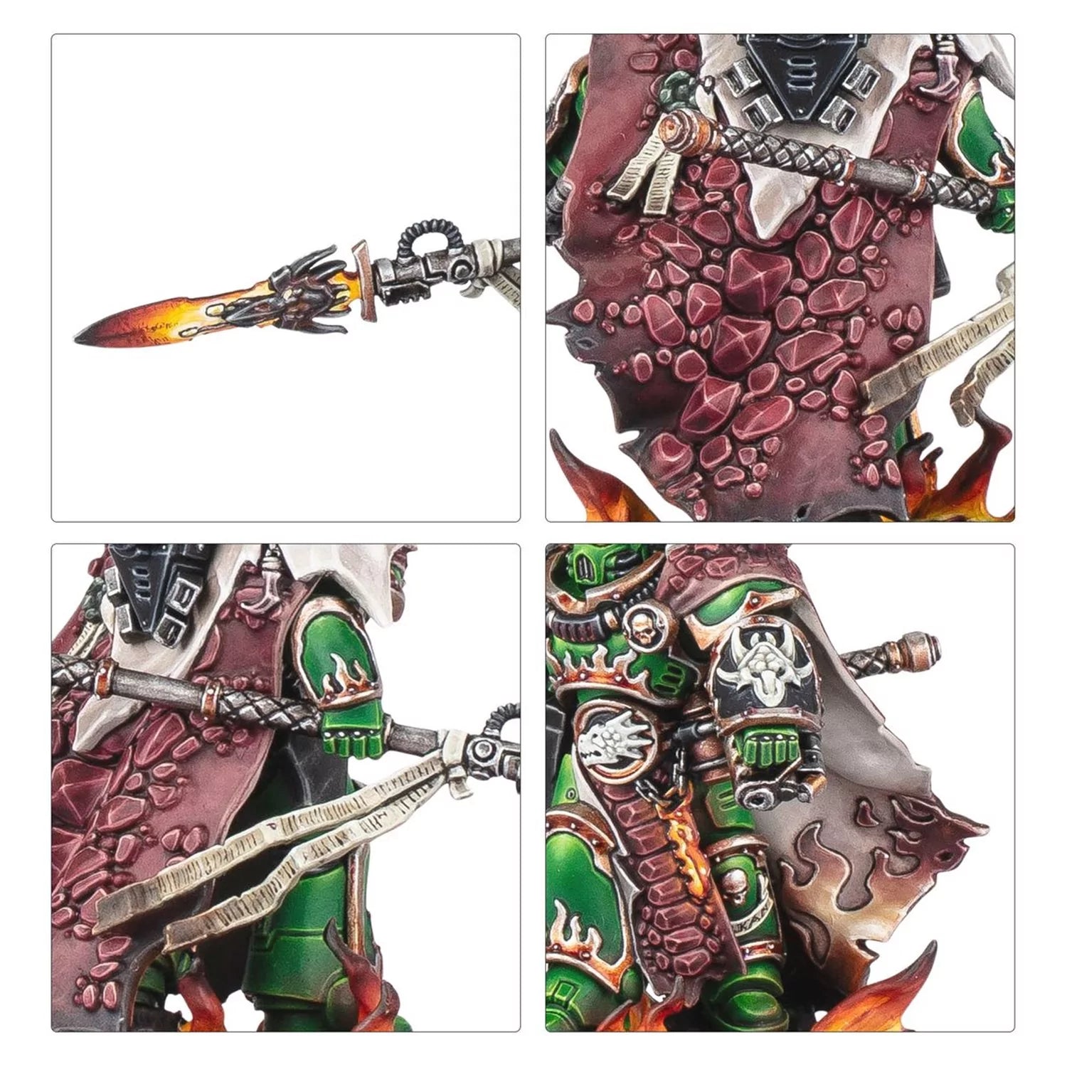 Green armored miniature warrior with a glowing blade, red textured cloak, and skull decorations