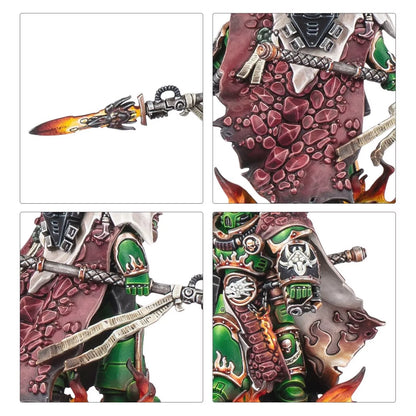 Green armored miniature warrior with a glowing blade, red textured cloak, and skull decorations