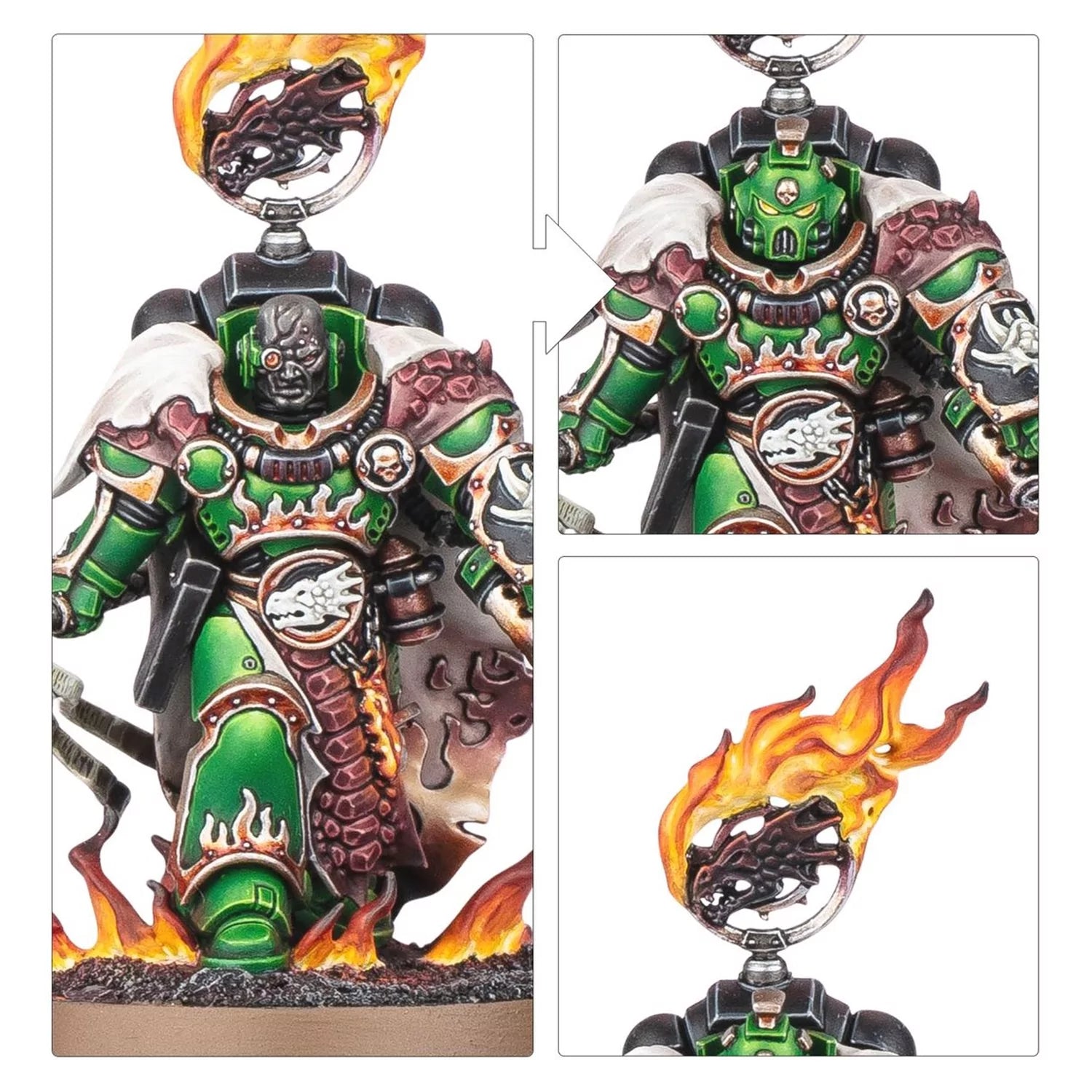 Green armored Salamanders Space Marine miniature with fiery base, draconic banner, and alternative heads