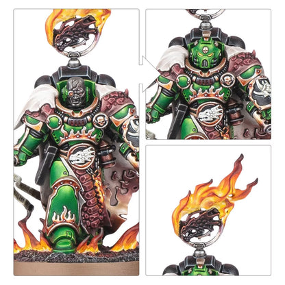 Green armored Salamanders Space Marine miniature with fiery base, draconic banner, and alternative heads