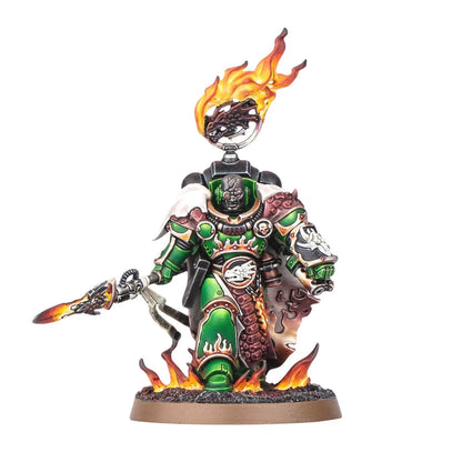 Painted Warhammer miniature: a green Space Marine in ornate armor with a flaming sword and headpiece, standing on fire