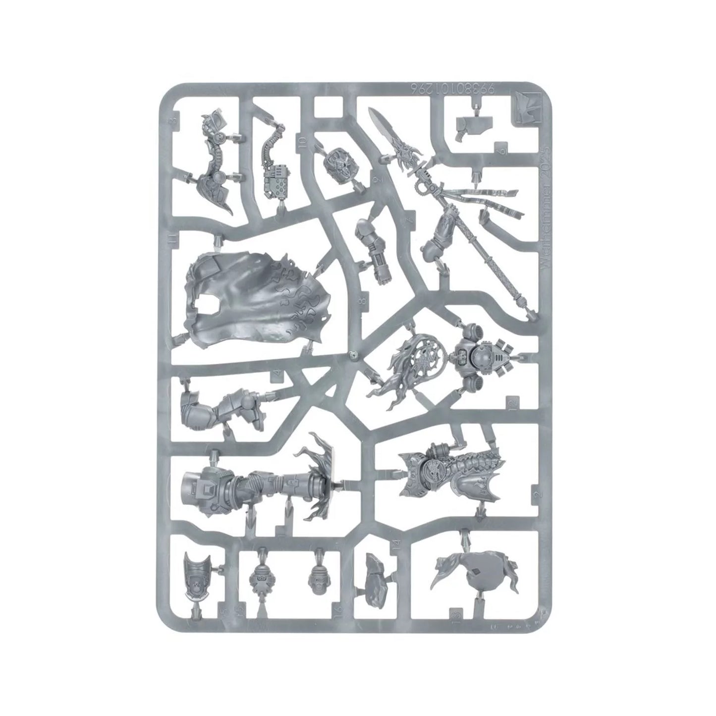 A grey plastic sprue for a Warhammer character model kit, displaying a cape, large spear, armor, and detailed parts