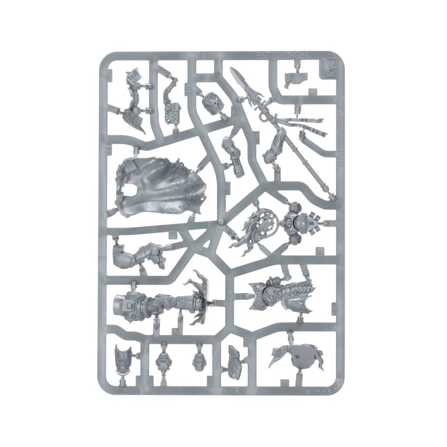 A grey plastic sprue for a Warhammer character model kit, displaying a cape, large spear, armor, and detailed parts