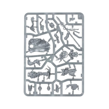 A grey plastic sprue for a Warhammer character model kit, displaying a cape, large spear, armor, and detailed parts