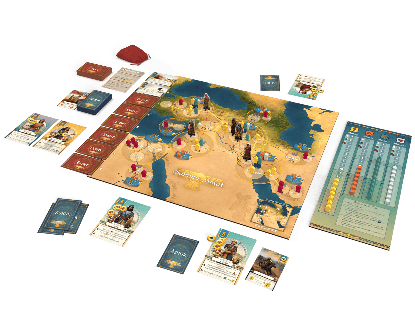 Board game with map showing ancient Middle East game cards tokens and game pieces including human figures and resource trackers