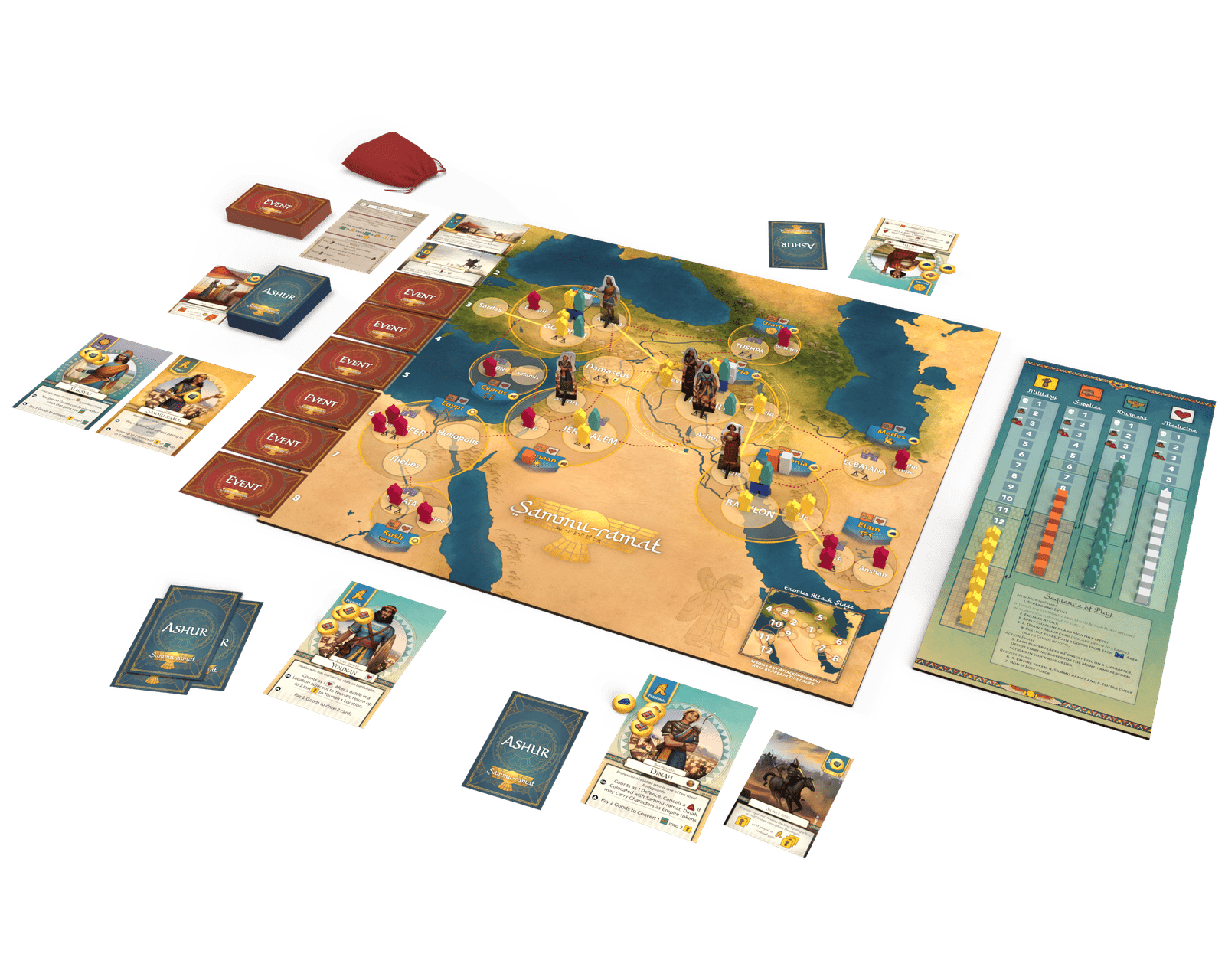 Board game with map showing ancient Middle East game cards tokens and game pieces including human figures and resource trackers