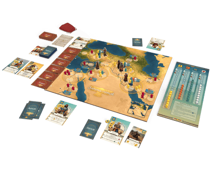 Board game with map showing ancient Middle East game cards tokens and game pieces including human figures and resource trackers