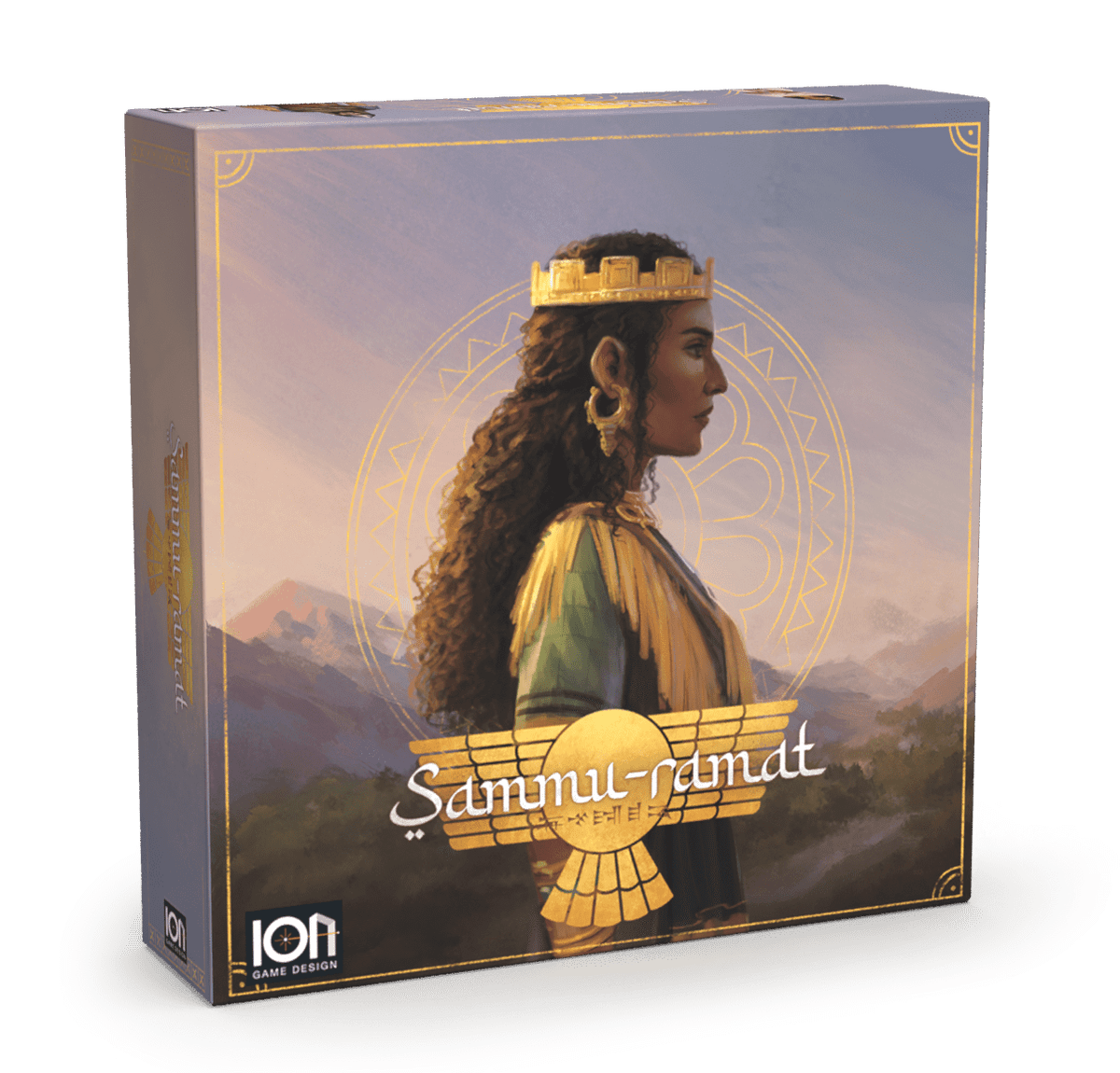 Sammu-ramat strategy board game with artwork of an Assyrian queen in a gold crown