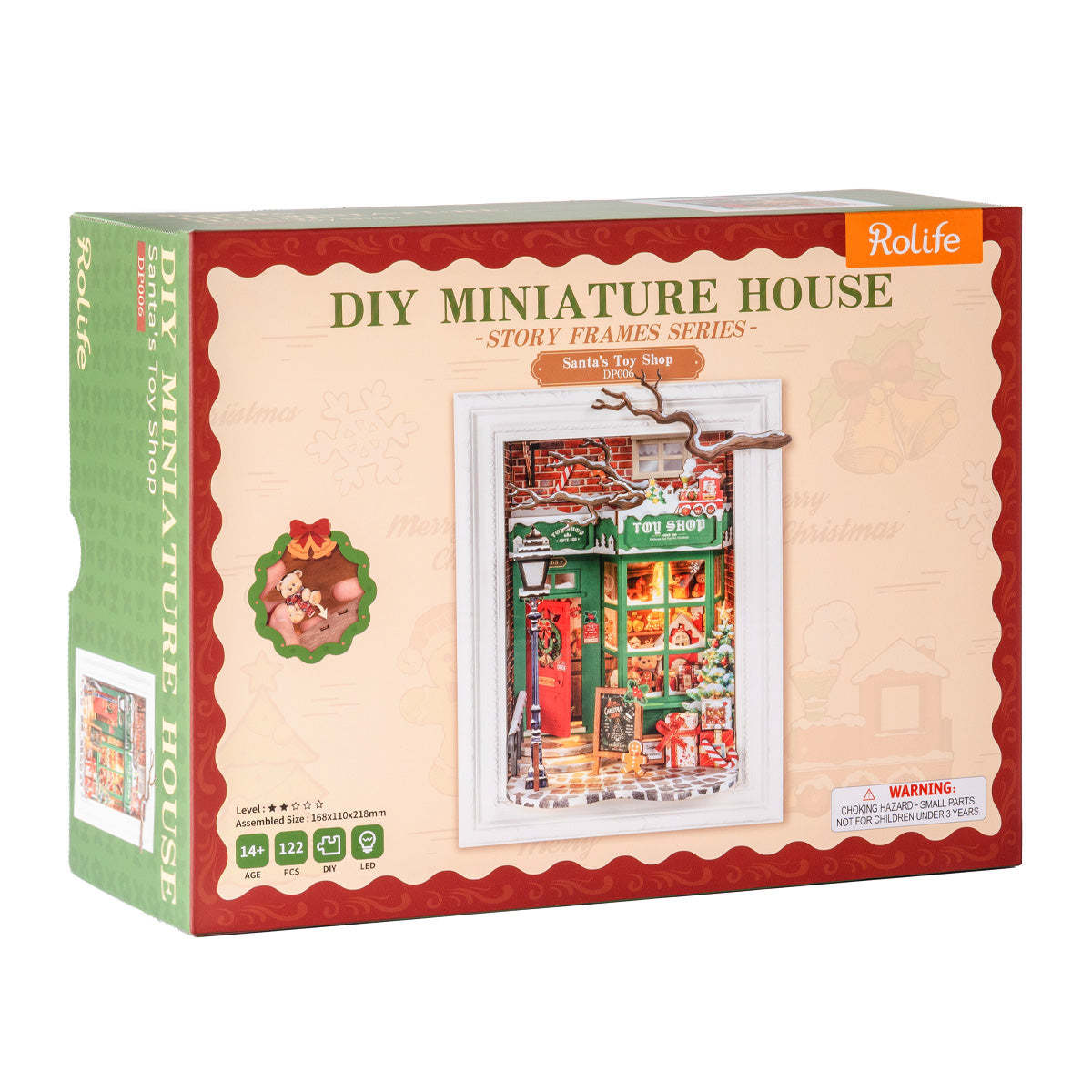 Rolife DIY Miniature House Kit box: "Santa's Toy Shop." Shows a framed, detailed miniature Christmas storefront scene
