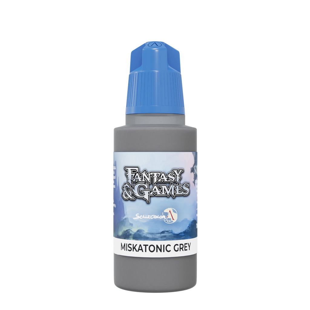 A grey paint bottle with blue dropper cap, labeled "Fantasy & Games ScaleColor Miskatonic Grey"