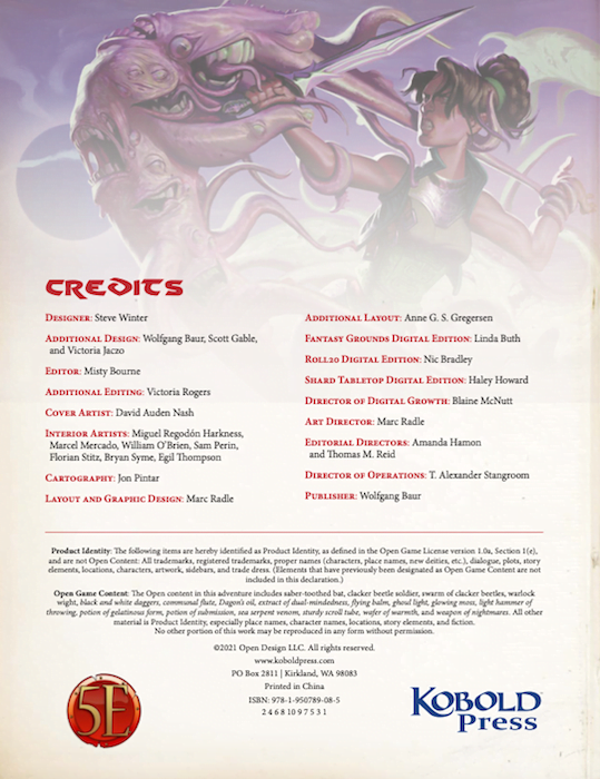 A game book's credits page features a fantasy illustration of a warrior battling a multi-mouthed monster with numerous credits and legal text below
