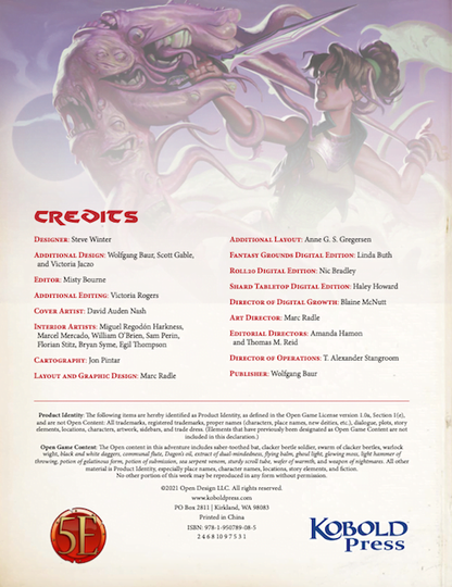 A game book's credits page features a fantasy illustration of a warrior battling a multi-mouthed monster with numerous credits and legal text below
