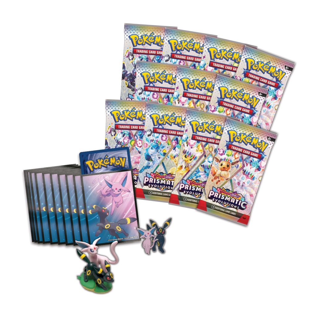 pokemon trading card game: prismatic evolutions premium figure collection Prismatic Evolutions Premium Figure Collection This also comes with 1 figure featuring Espeon and Umbreon and 1 pin featuring Espeon and Umbreon Prismatic Evolutions Premium Figure Collection