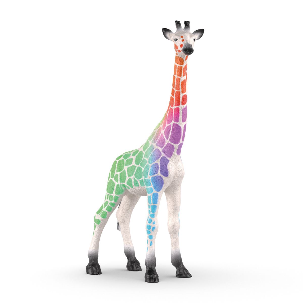 A white giraffe stands, its patches showing a vibrant rainbow color gradient