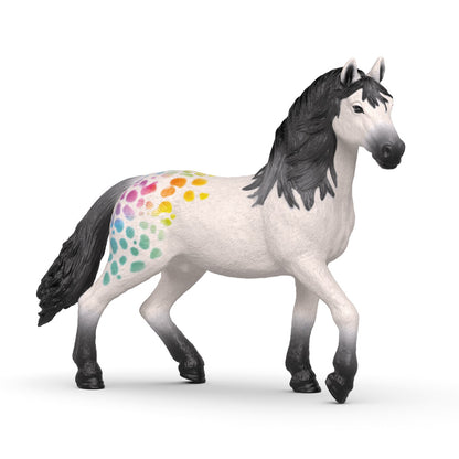 White horse figurine with black mane and tail, featuring rainbow polka dots on its flank