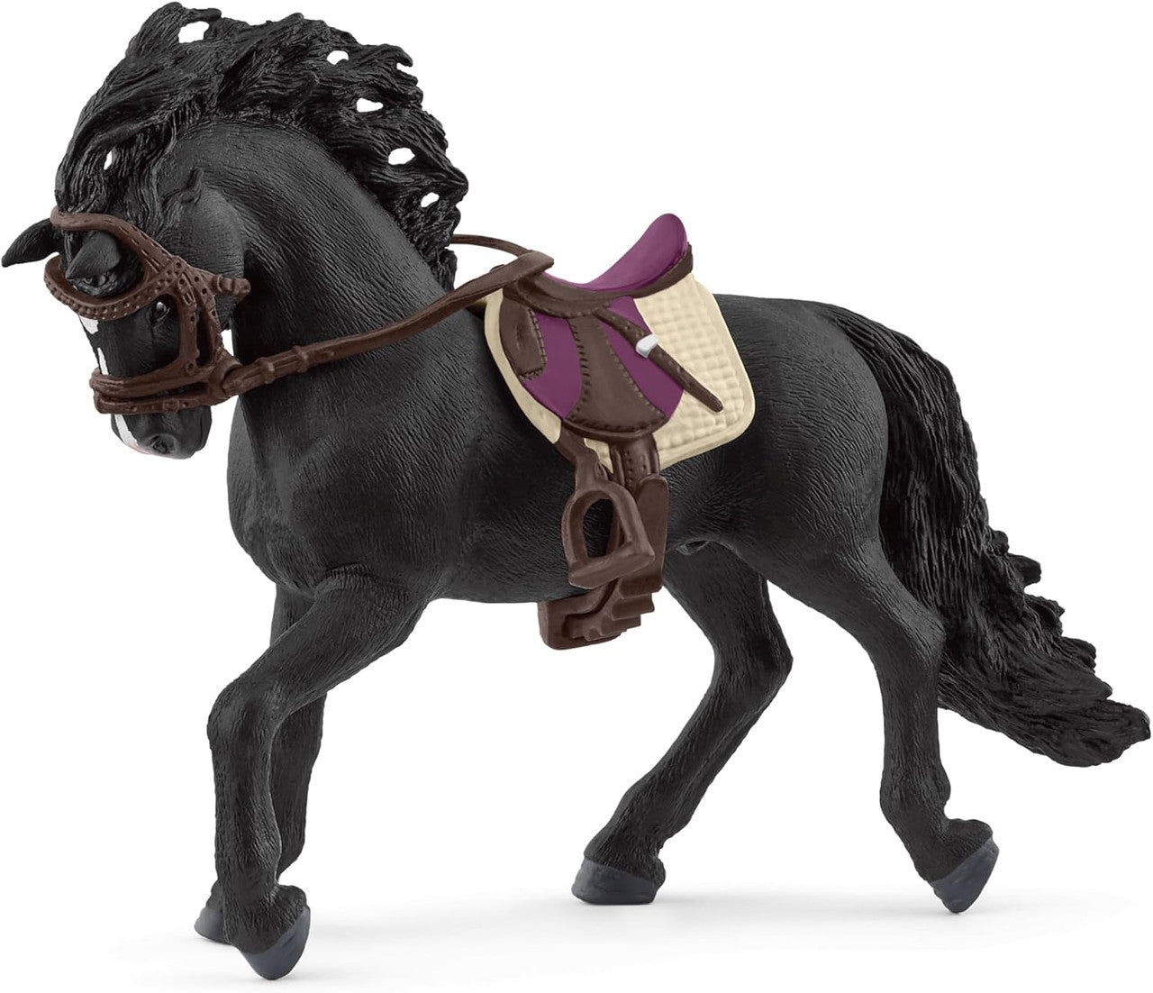 Black horse with flowing mane, wearing a brown bridle and purple/brown saddle, in a trotting pose