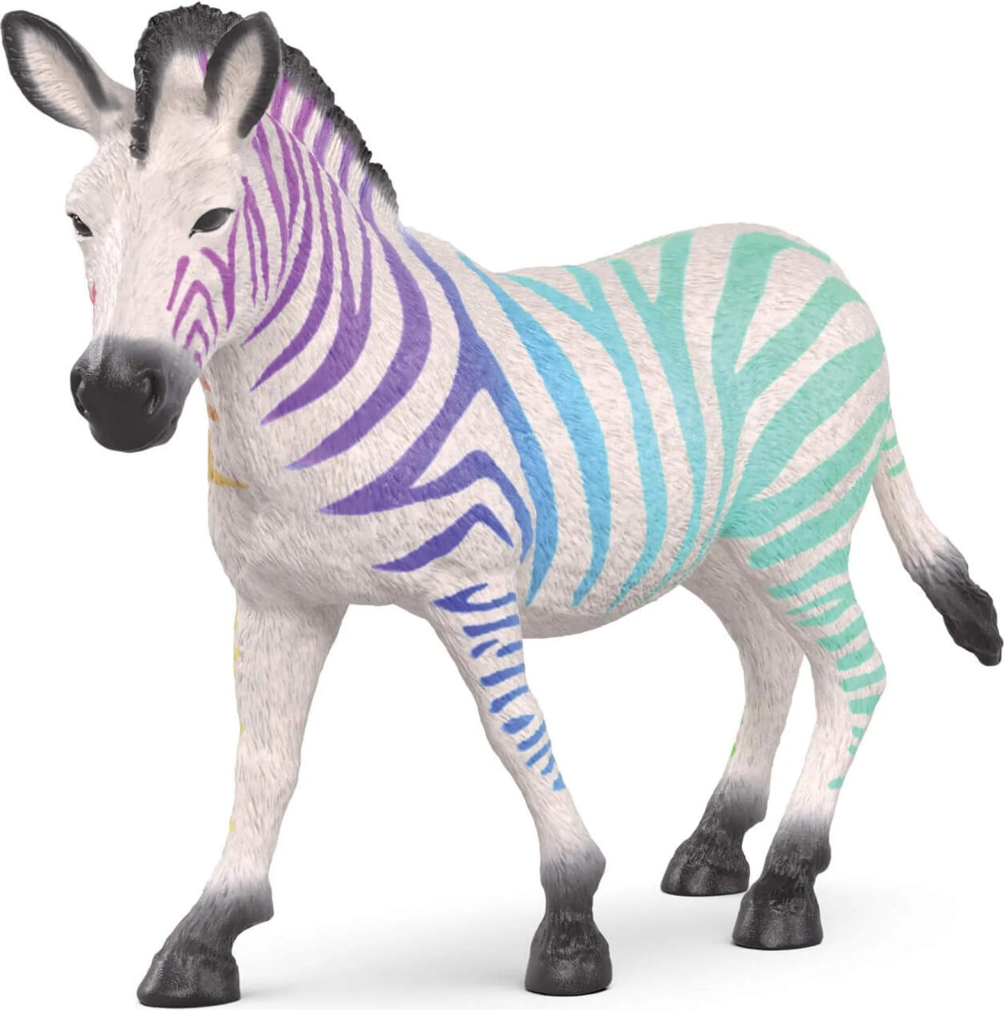 White zebra toy with purple, blue and mint green stripes, black mane, tail and hooves, standing