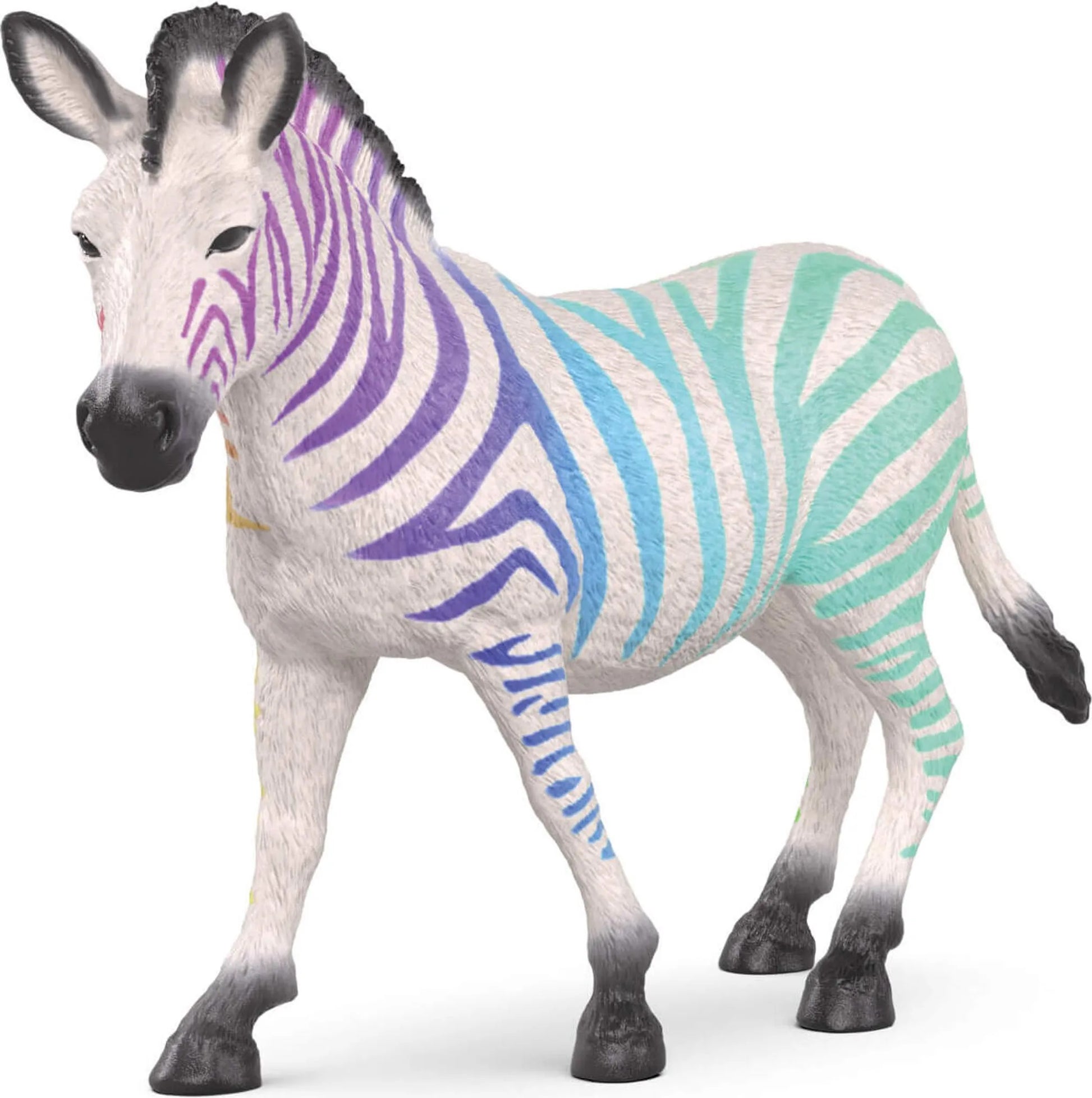 White zebra toy with purple, blue and mint green stripes, black mane, tail and hooves, standing